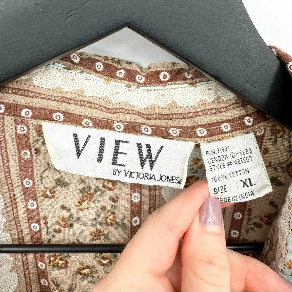 Vintage VIEW Cottagecore Floral Grannycore Snap Button Down Top Brown XL - Picture 9 of 10